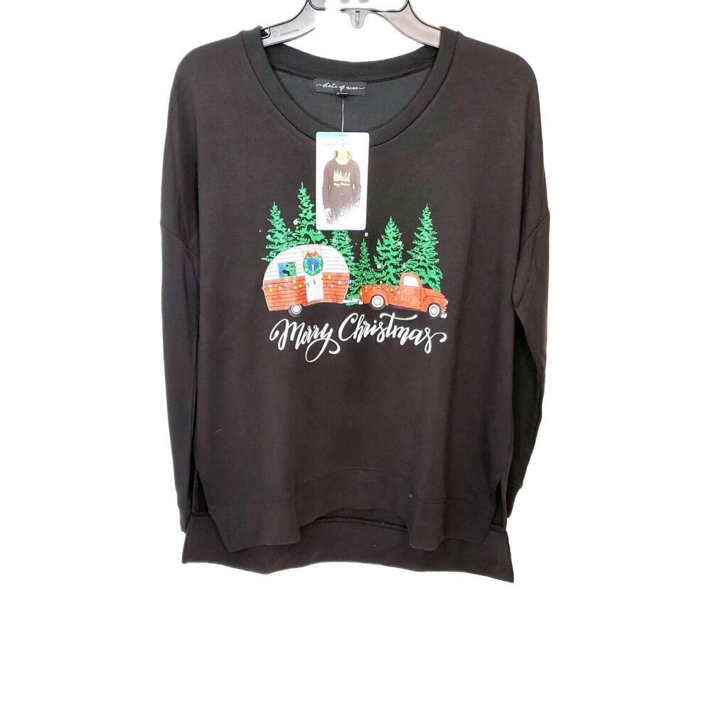 State of Mine Womens Large Merry Christmas Graphic Black Sweatshirt Red Truck